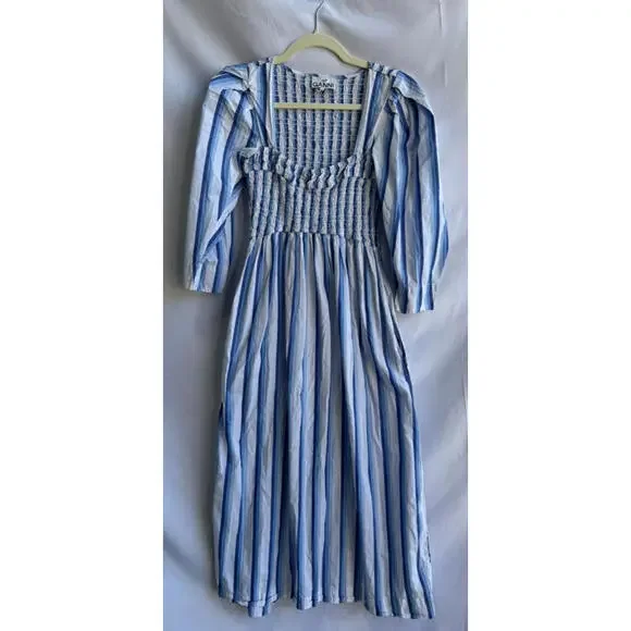GANNI Blue Striped Cotton Smock Midi Dress Size 36 with Stains - Picture 3 of 12